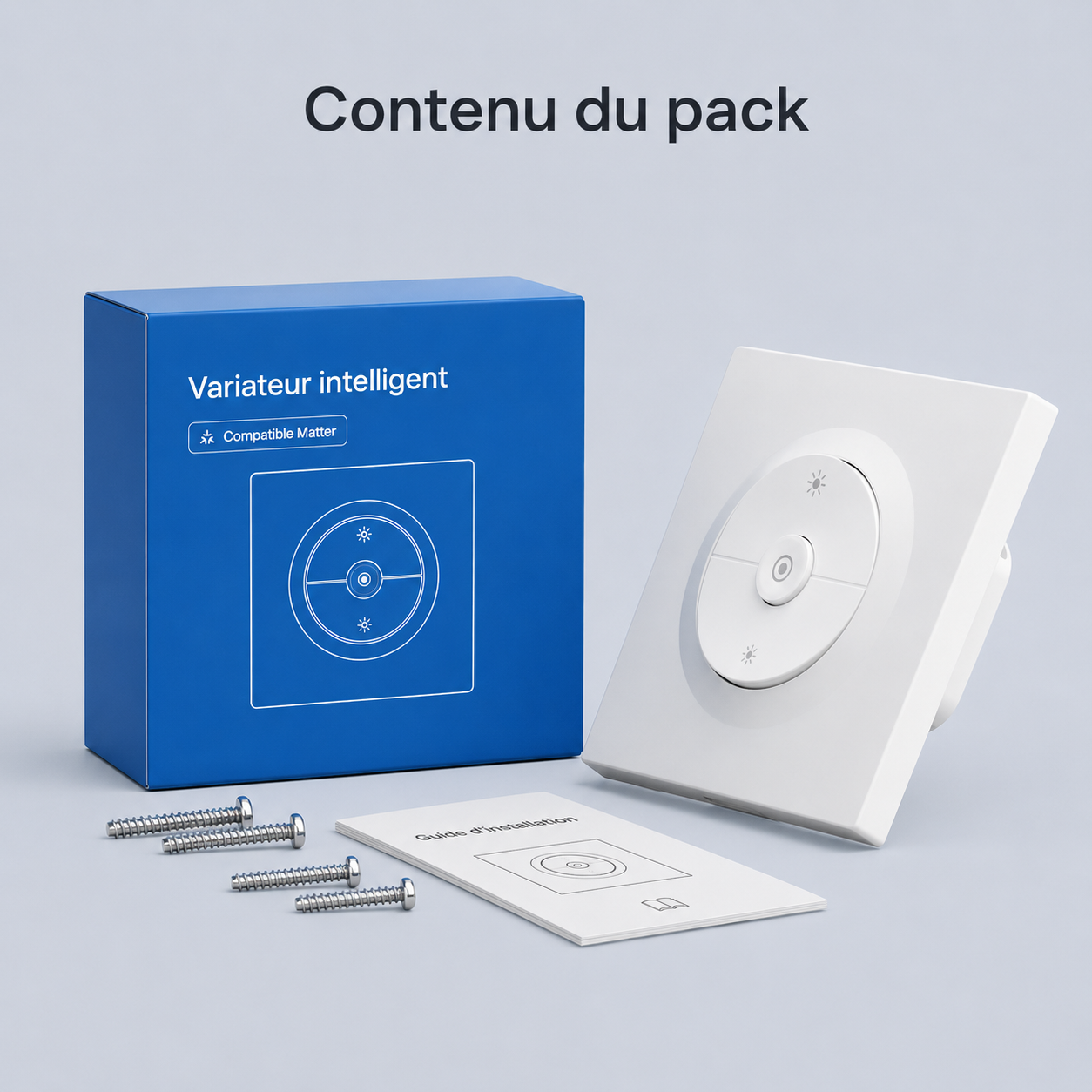 Contenu du pack Neodom avec variateur intelligent Matter blanc boite vis et guide.