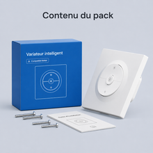 Contenu du pack Neodom avec variateur intelligent Matter blanc boite vis et guide.