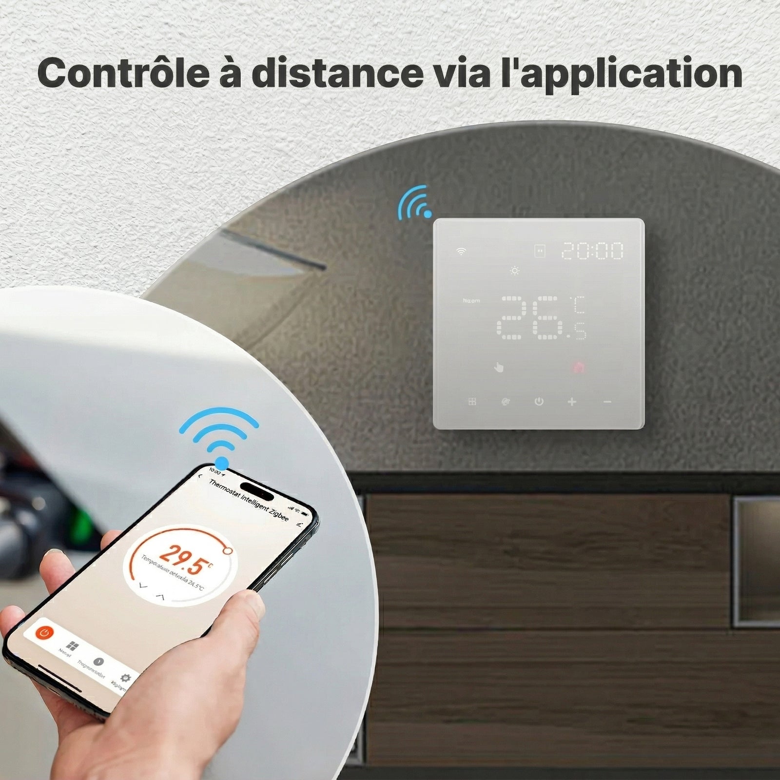 NéoPure Comfort blanc au mur avec smartphone en main pour régler la température à distance.