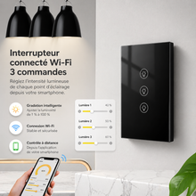NéoMulti Dimmer noir avec application mobile pour régler séparément trois points d'éclairage.