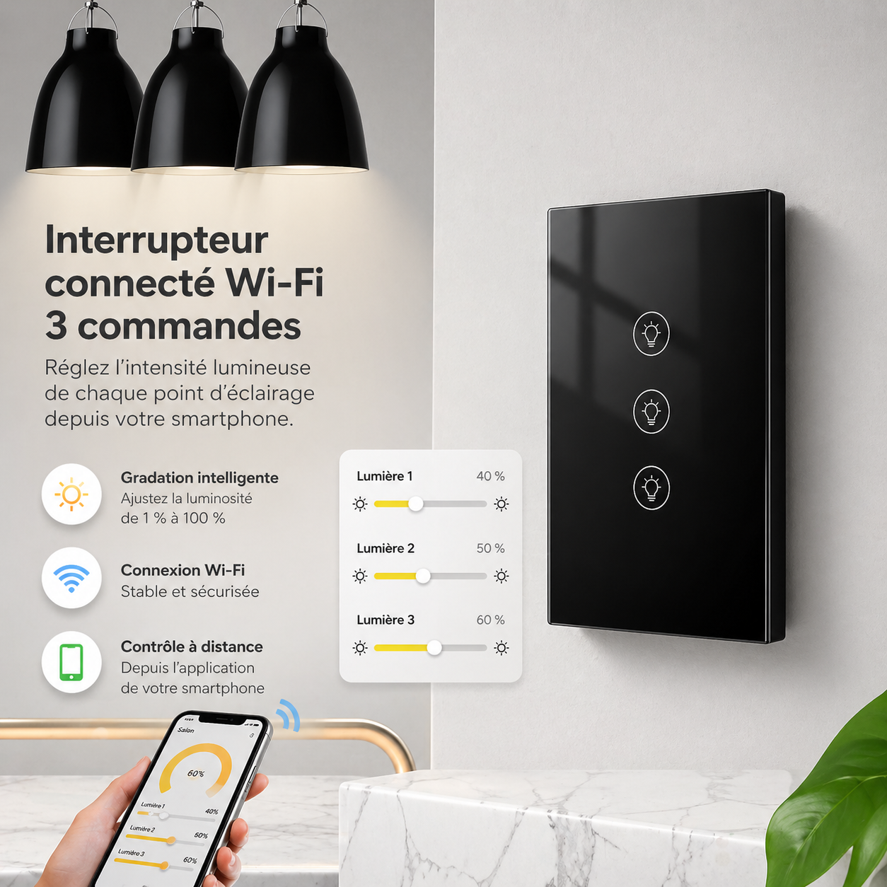 NéoMulti Dimmer noir avec application mobile pour régler séparément trois points d'éclairage.