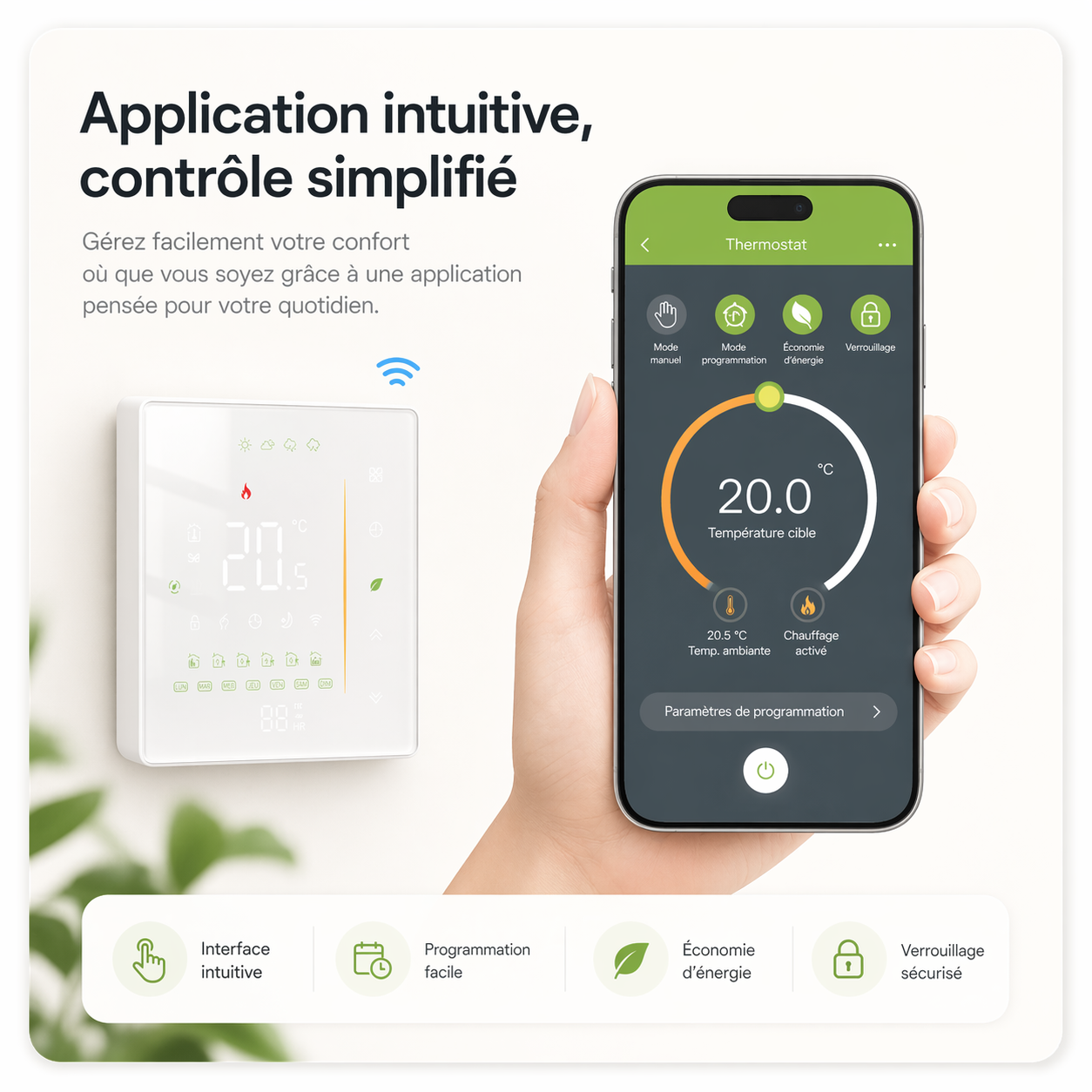 NéoStation Comfort blanc avec smartphone affichant le réglage de température dans l'application.