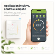 NéoStation Comfort blanc avec smartphone affichant le réglage de température dans l'application.