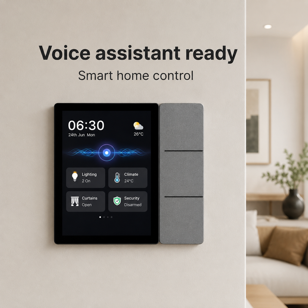 Contrôle domotique compatible assistant vocal sans logo de plateforme.
