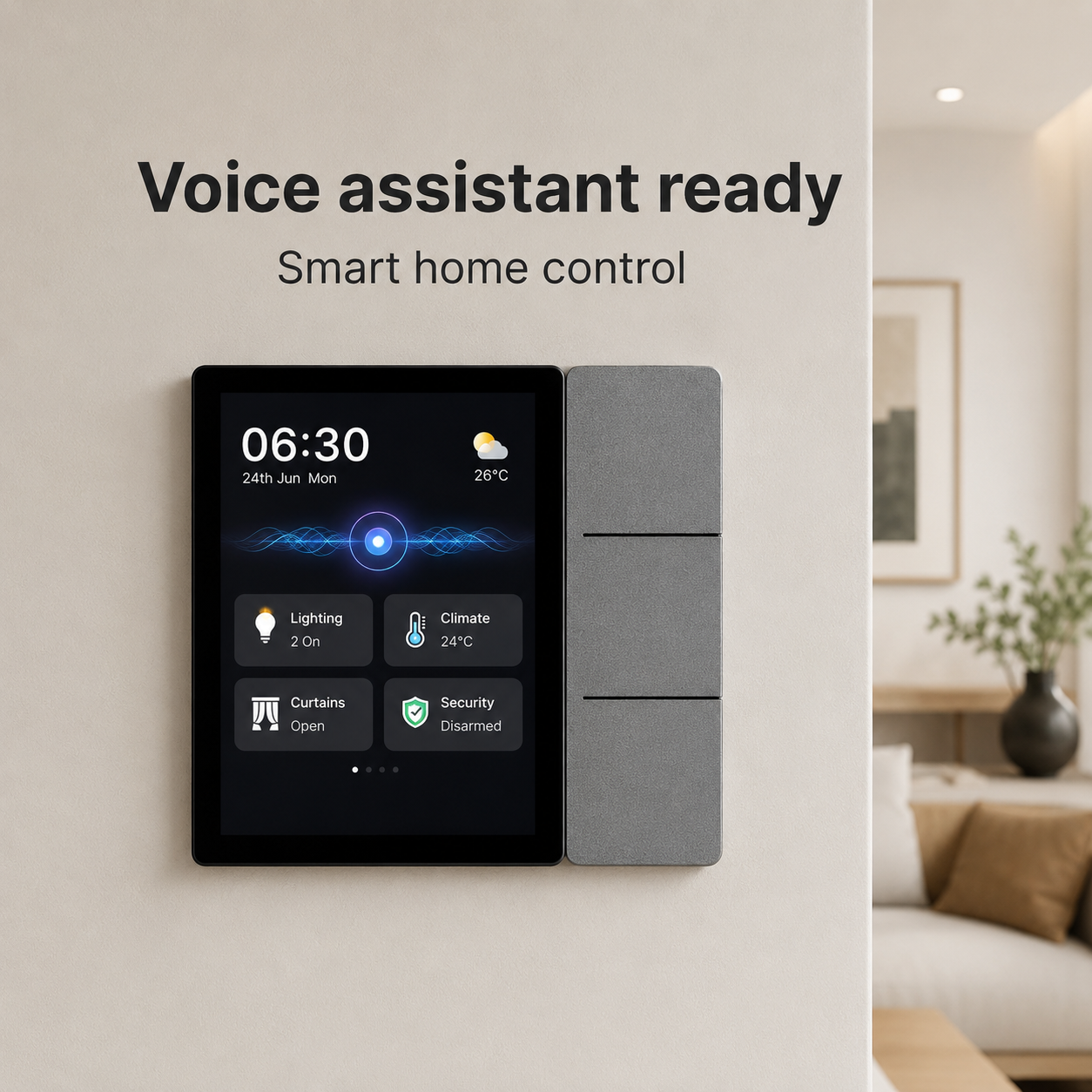 Contrôle domotique compatible assistant vocal sans logo de plateforme.