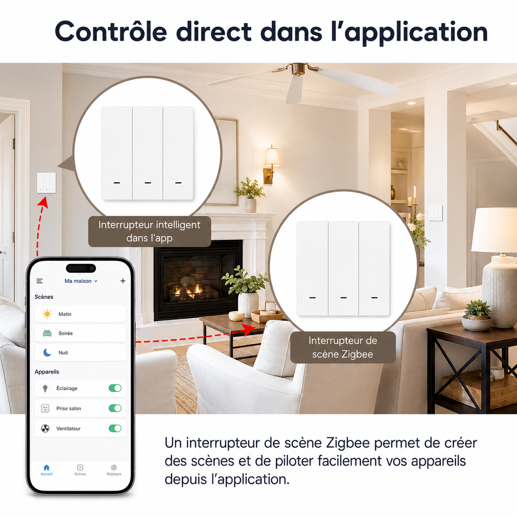 NéoScene 3 Comfort contrôlé directement dans l’application pour créer des scènes personnalisées.