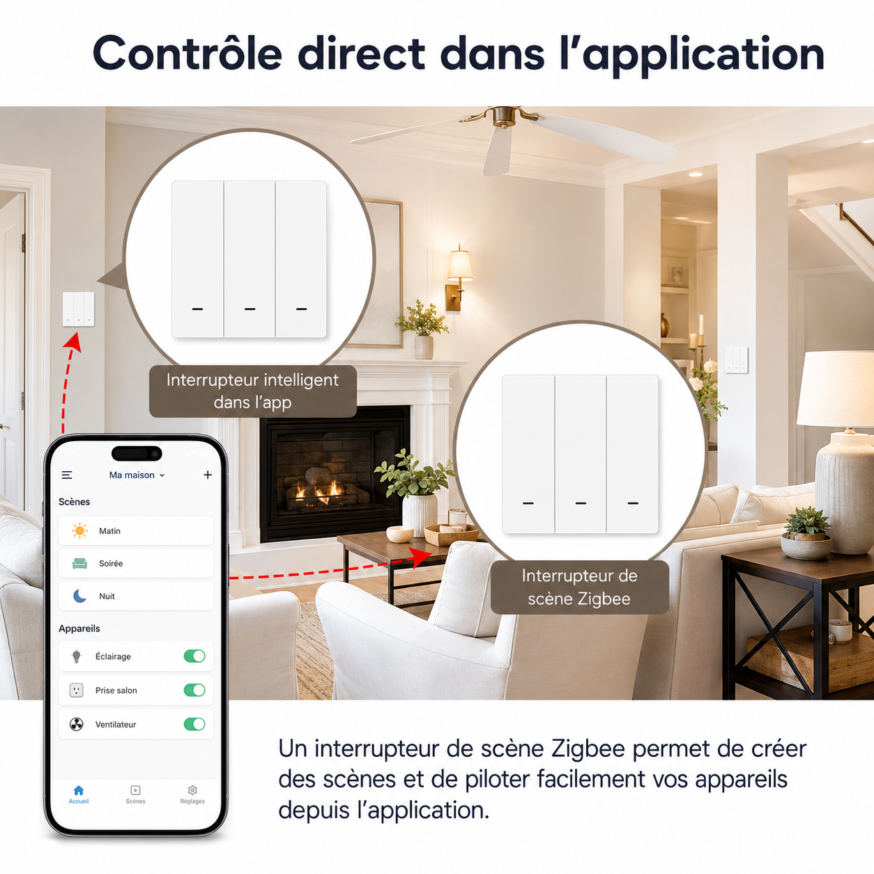 NéoScene 3 Comfort contrôlé directement dans l’application pour créer des scènes personnalisées.