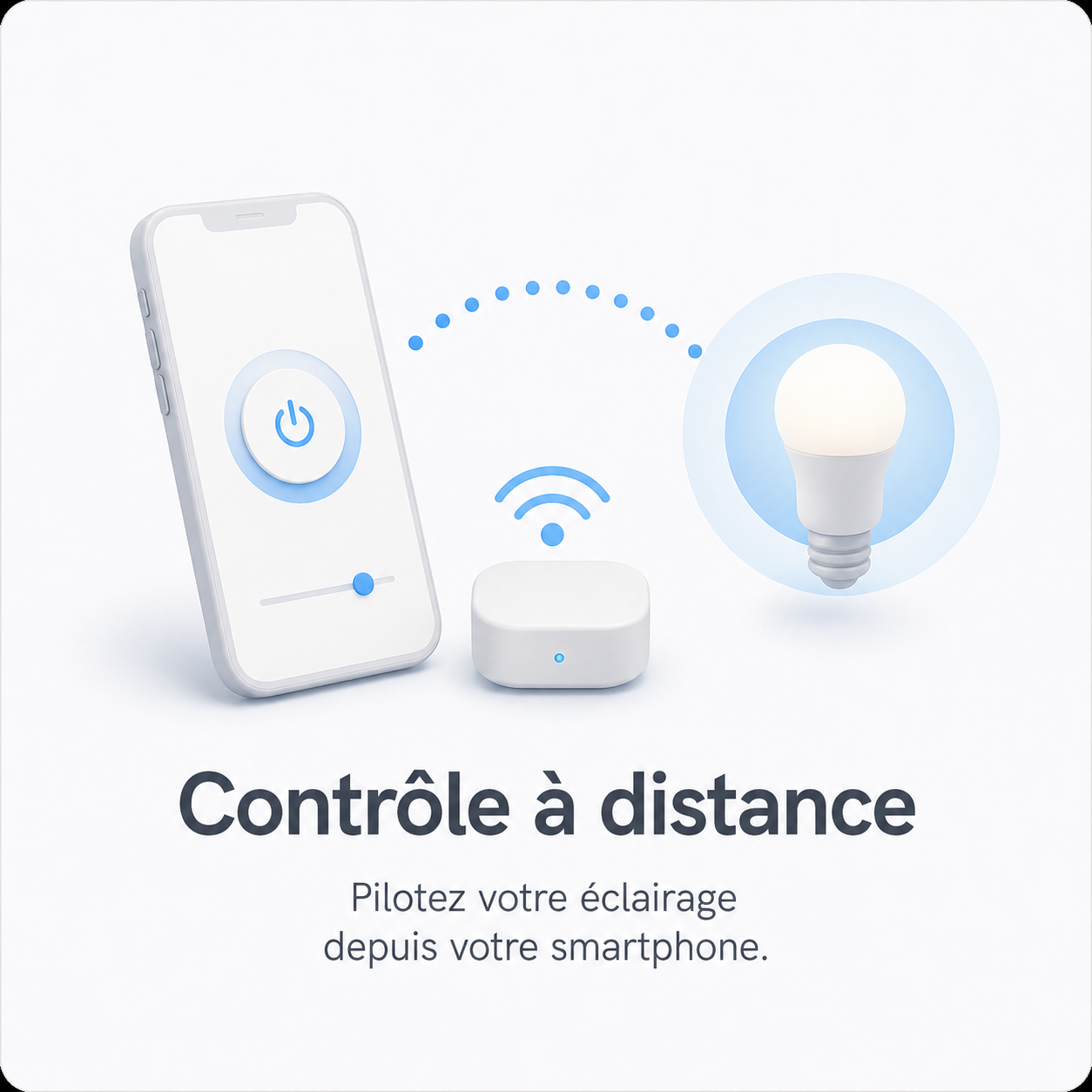 NéoRelay Switch Comfort contrôlé à distance depuis un smartphone avec éclairage connecté.