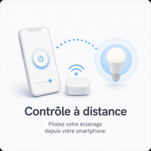 NéoRelay Switch Comfort contrôlé à distance depuis un smartphone avec éclairage connecté.