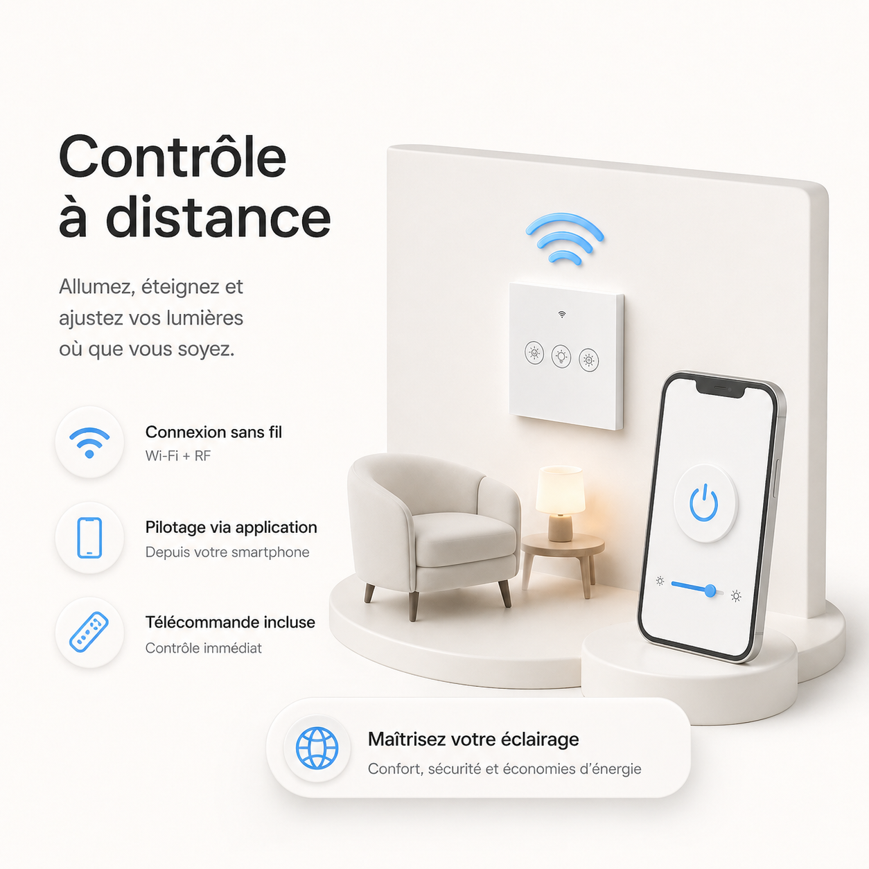 Contrôle à distance Wi-Fi et RF du variateur avec smartphone.