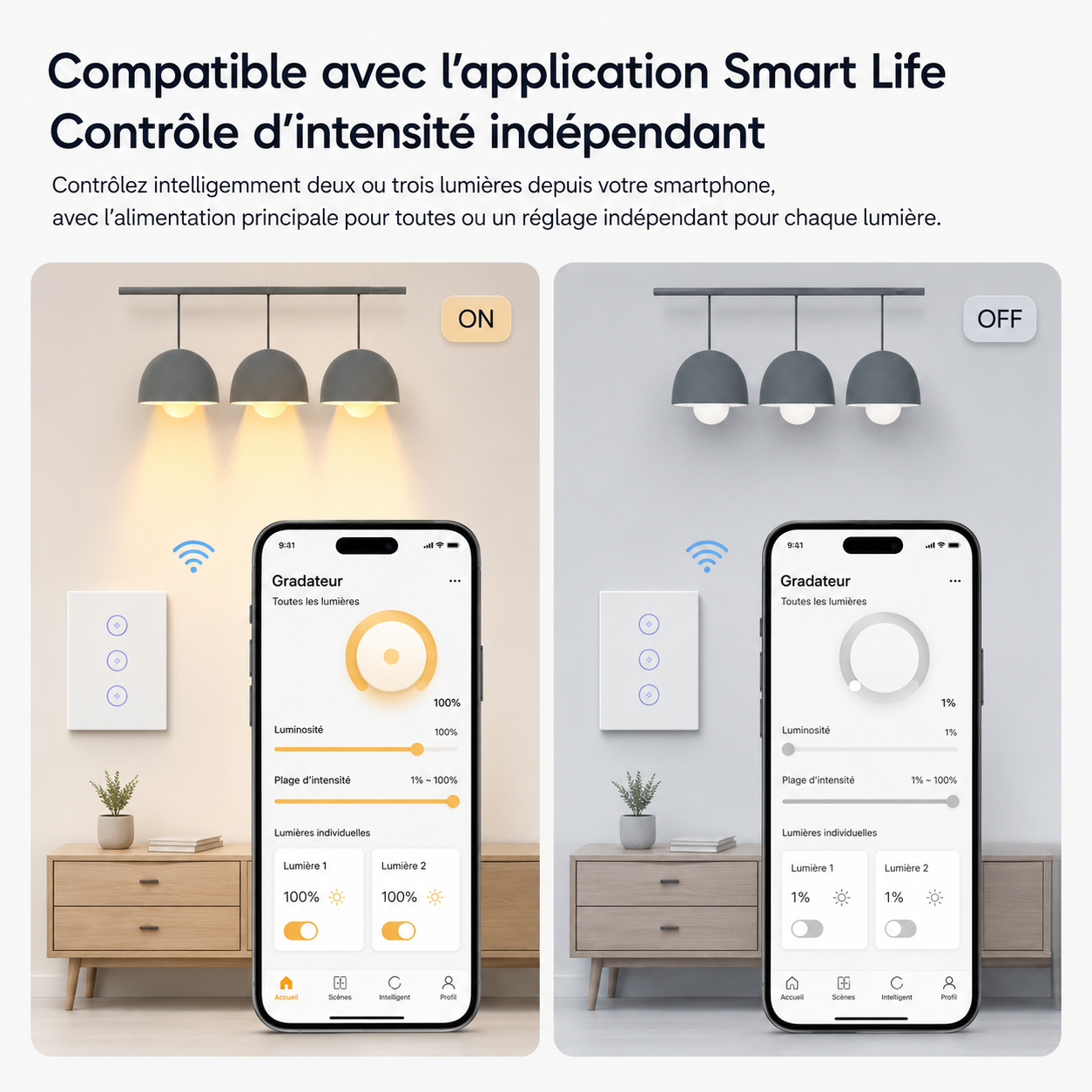 NéoMulti Dimmer avec smartphone montrant l'intensité indépendante des lumières en mode allumé et éteint.