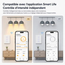 NéoMulti Dimmer avec smartphone montrant l'intensité indépendante des lumières en mode allumé et éteint.