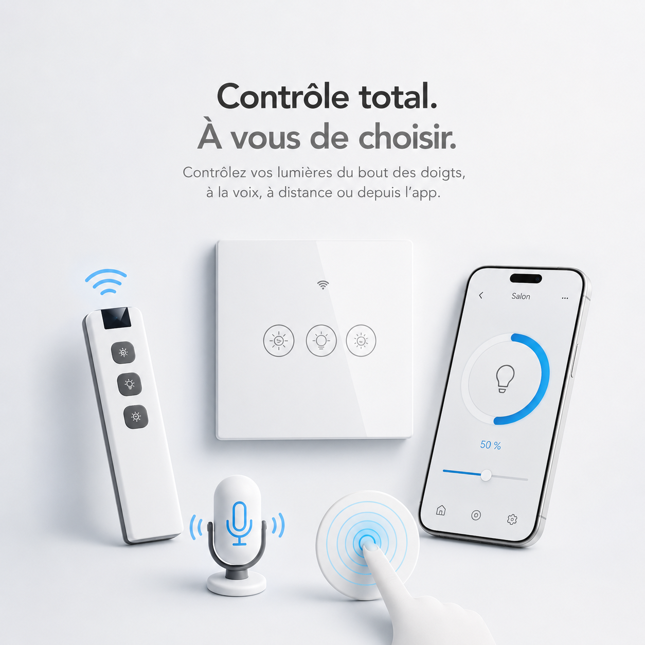 Commande de lumière par application, voix et télécommande sans fil.