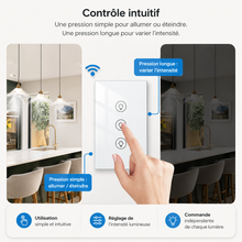 Doigt utilisant le NéoMulti Dimmer tactile pour allumer, éteindre et varier l'intensité lumineuse.