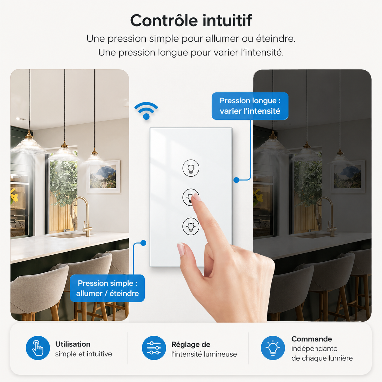 Doigt utilisant le NéoMulti Dimmer tactile pour allumer, éteindre et varier l'intensité lumineuse.
