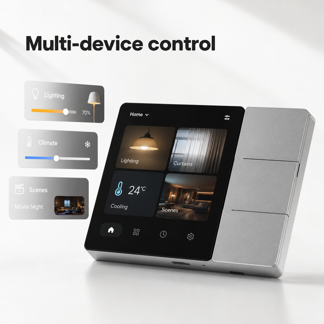 Contrôle multi-appareils depuis un panneau mural tactile.