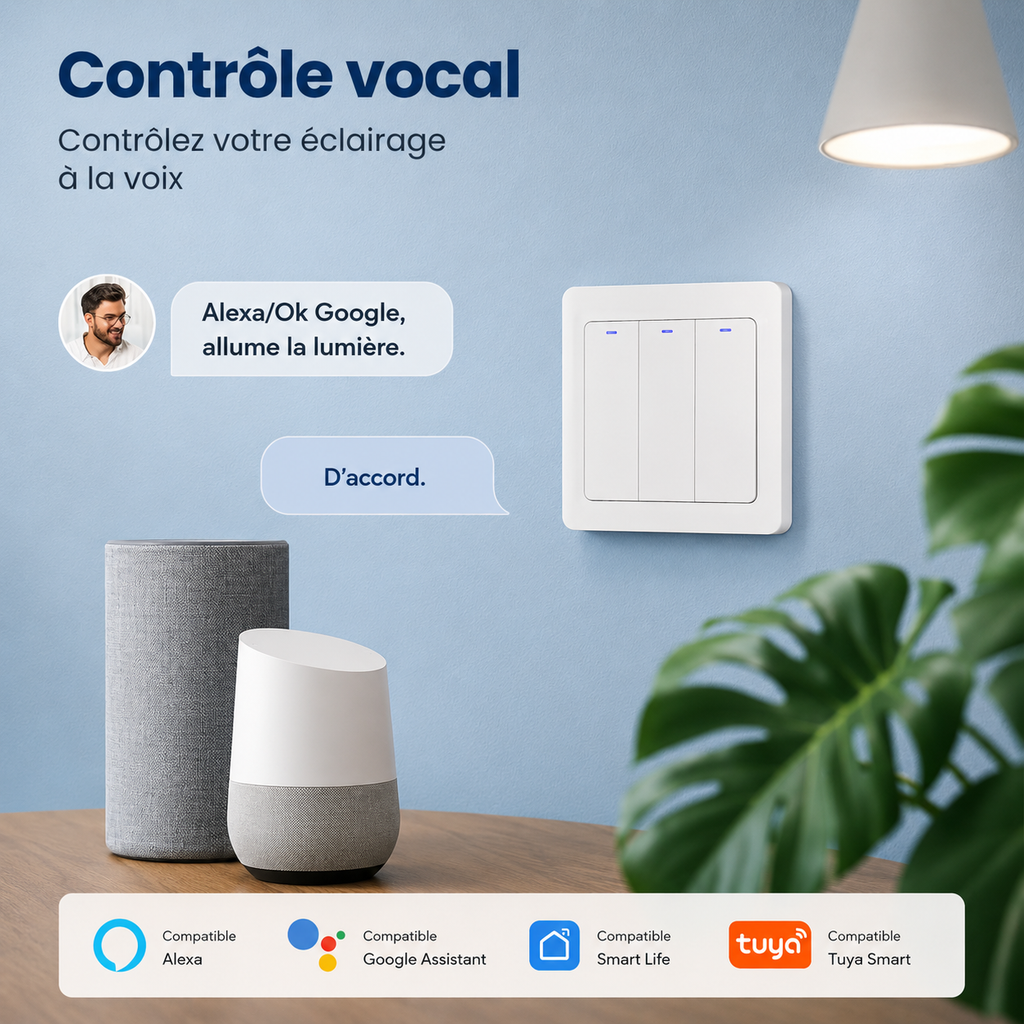 NéoRelay Switch Comfort contrôlé par commande vocale avec Google, Alexa et application mobile.