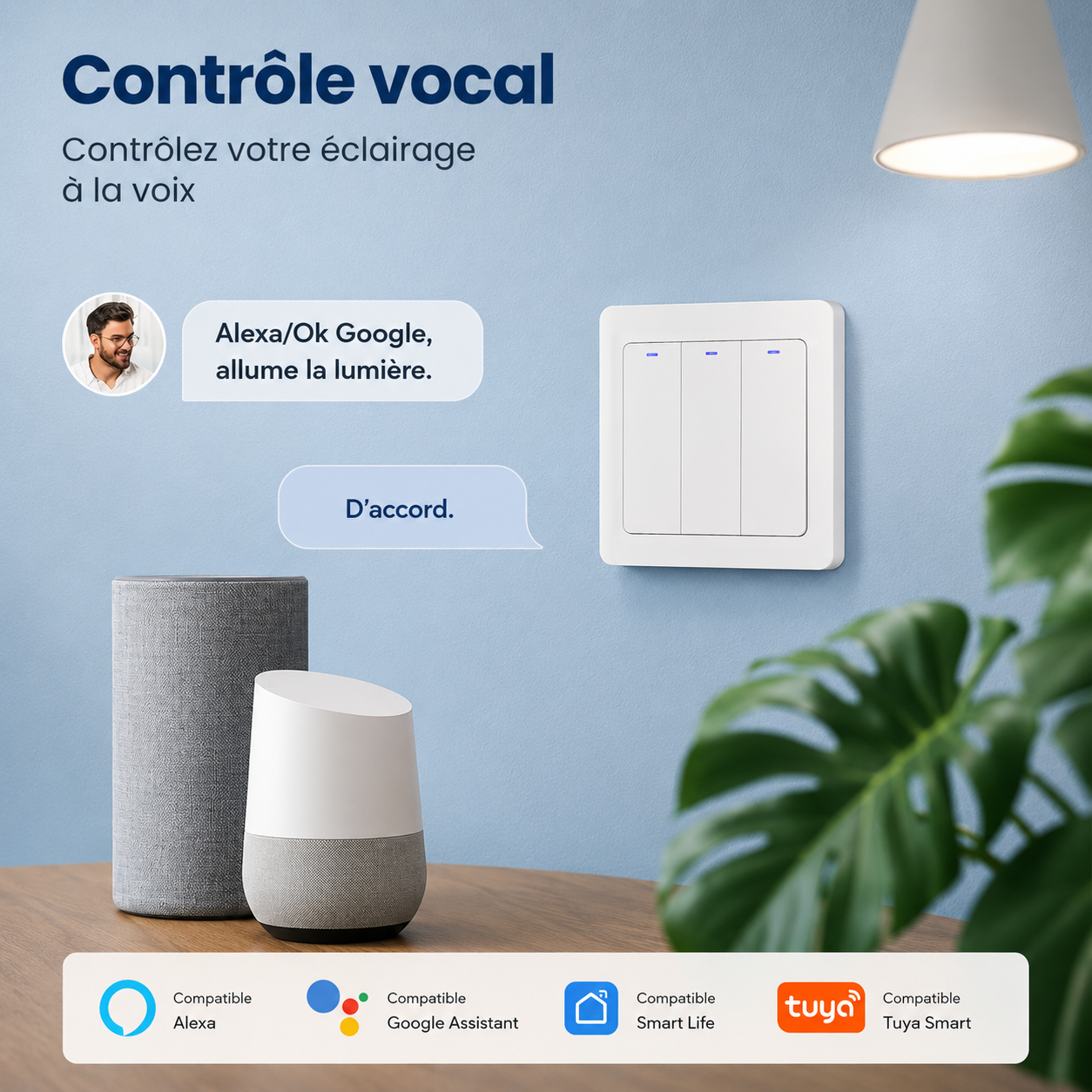 NéoRelay Switch Comfort contrôlé par commande vocale avec Google, Alexa et application mobile.