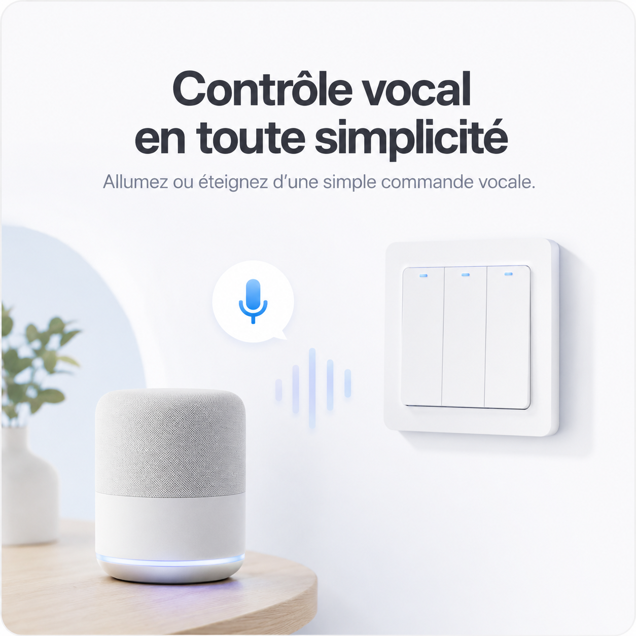 NéoRelay Switch Comfort compatible contrôle vocal pour allumer ou éteindre l’éclairage.