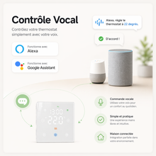 Infographie Neodom montrant le controle vocal du thermostat sans fil avec assistant domestique.