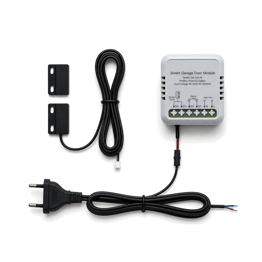 Kit contrôleur de porte de garage ZigBee avec prise EU sur fond blanc studio