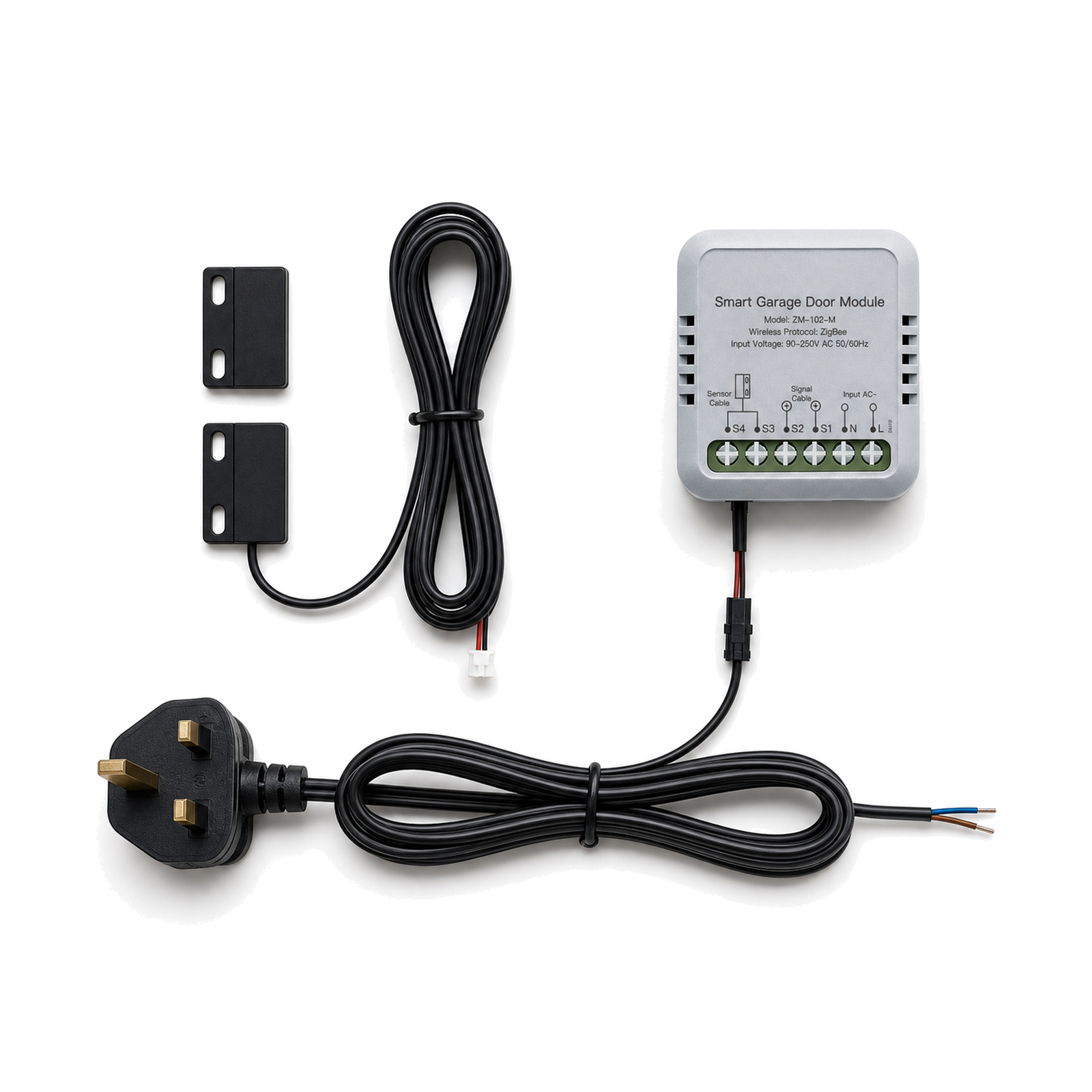 Kit contrôleur de porte de garage ZigBee avec prise UK sur fond blanc studio