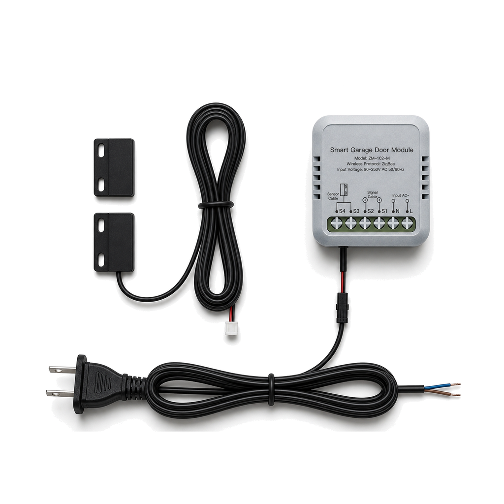 Kit contrôleur de porte de garage ZigBee avec prise US sur fond blanc studio