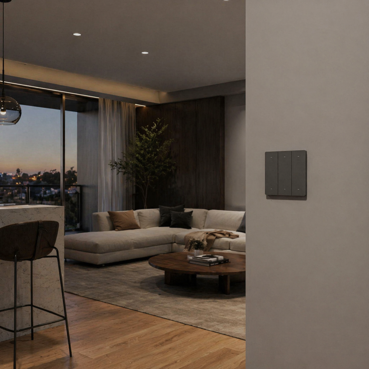 NéoRemote R5 Pro gris installé dans un salon moderne connecté.