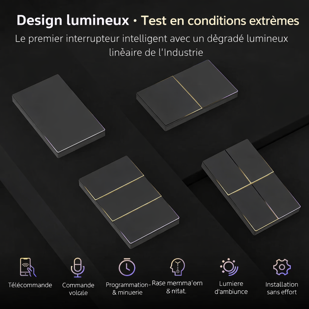 Design lumineux avec commandes connectées sur fond noir NéoSoft Essential.