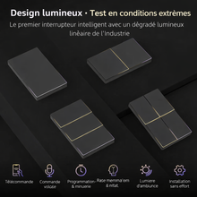 Design lumineux avec commandes connectées sur fond noir NéoSoft Essential.