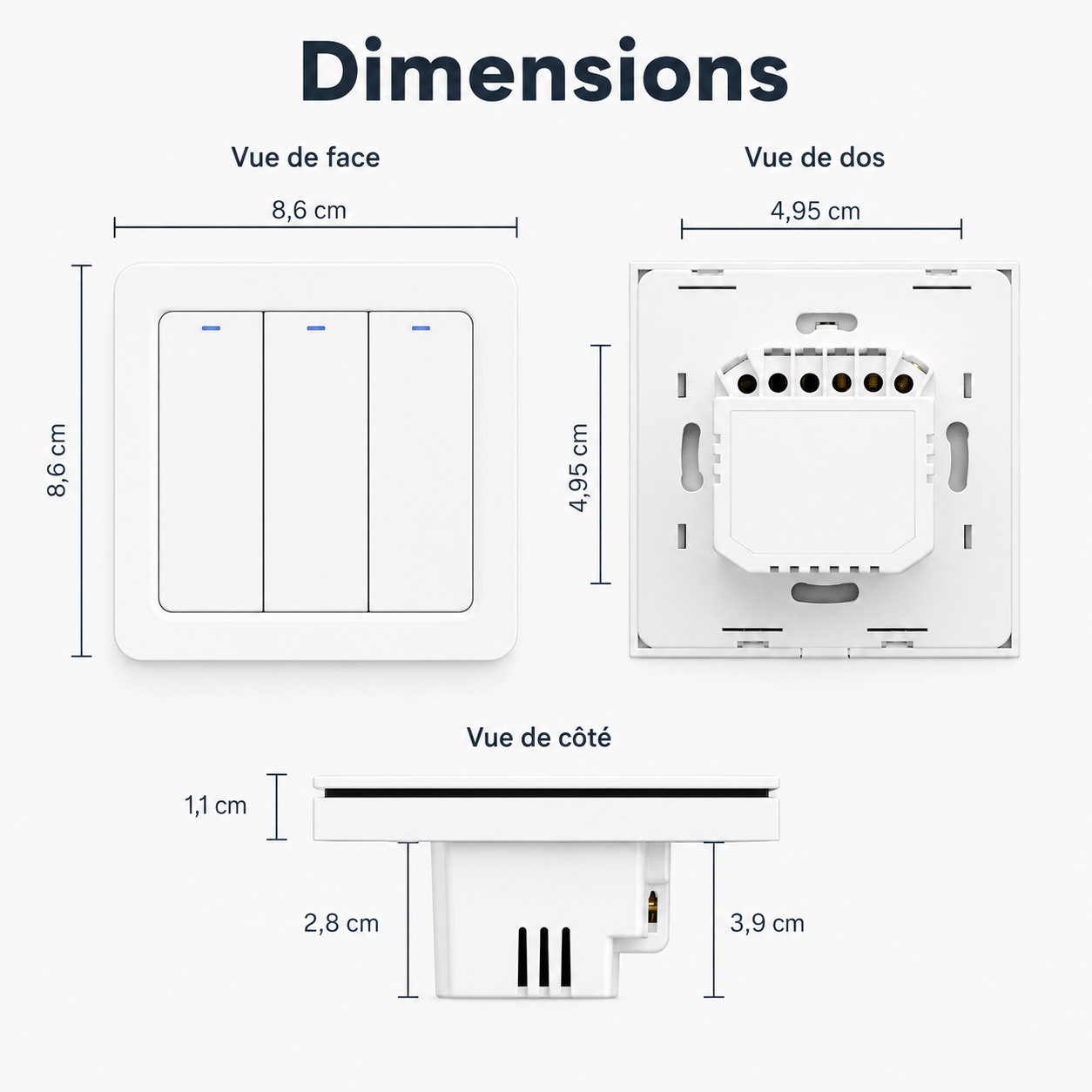 Schéma des dimensions du NéoRelay Switch Comfort trois canaux avec vue avant et arrière.