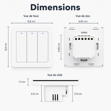 Schéma des dimensions du NéoRelay Switch Comfort trois canaux avec vue avant et arrière.