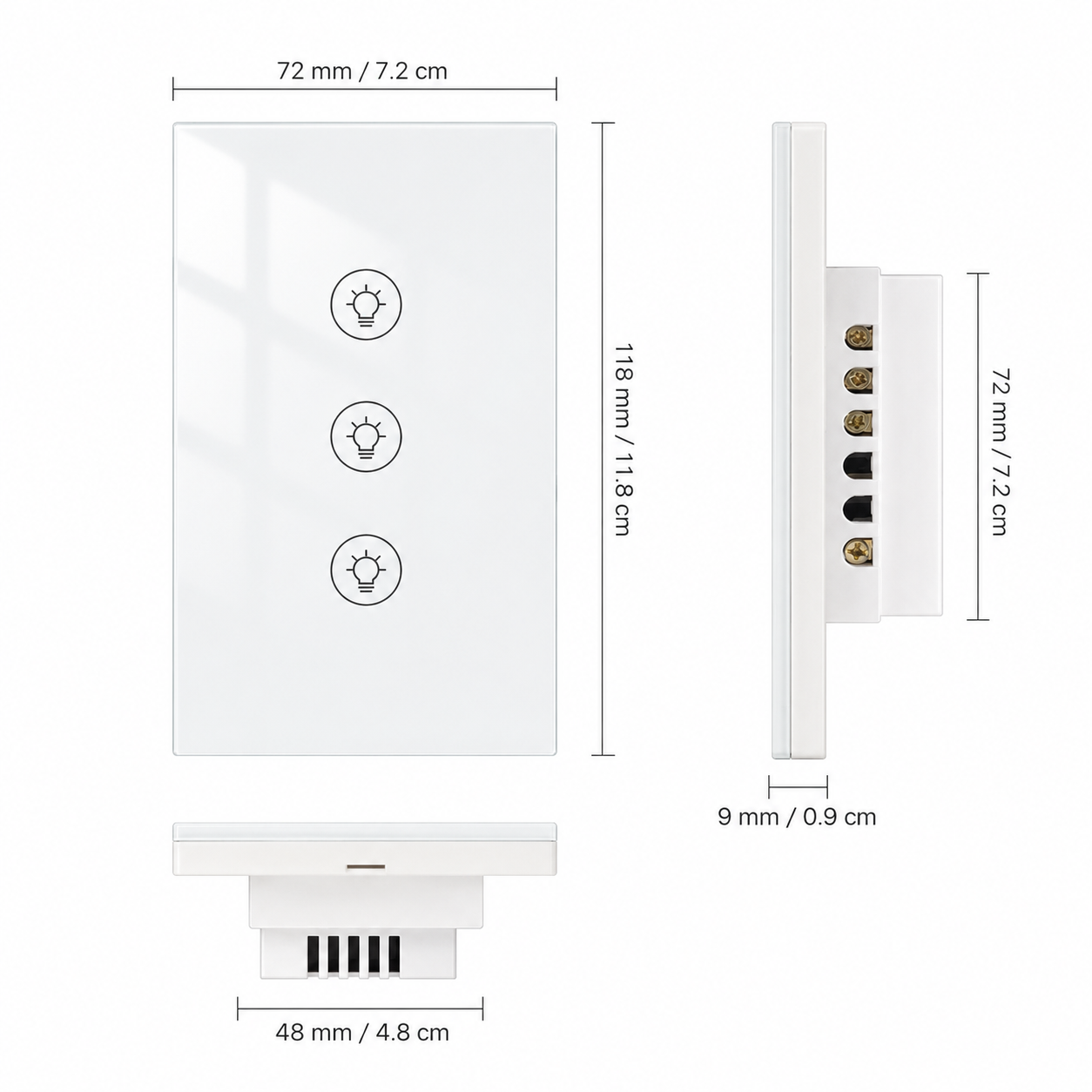 Schéma des dimensions du NéoMulti Dimmer blanc avec façade tactile et bornier arrière.