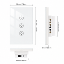 Schéma des dimensions du NéoMulti Dimmer blanc avec façade tactile et bornier arrière.
