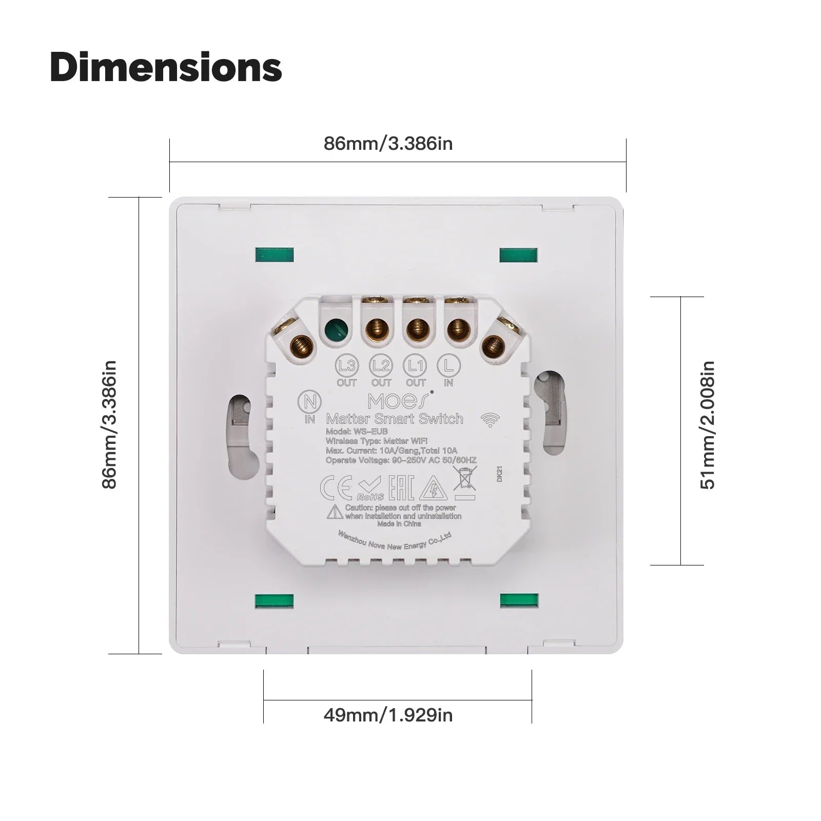 Schéma des dimensions arrière du NéoMatter Comfort EU avec borniers de câblage.