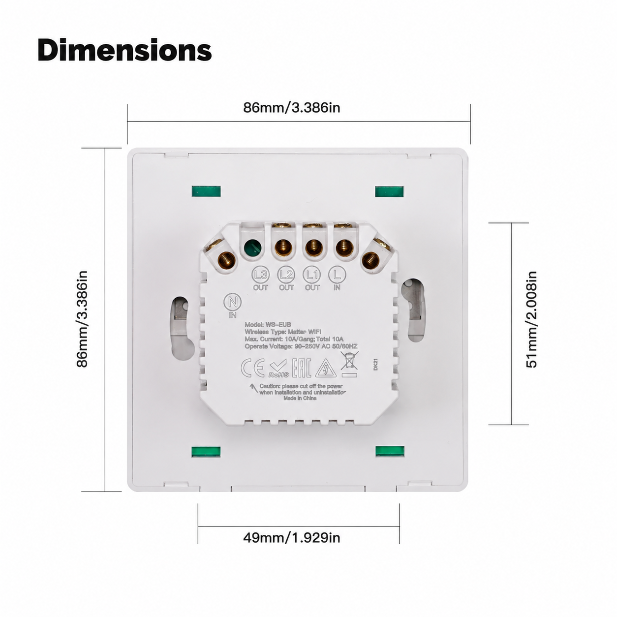Schéma des dimensions du module de câblage arrière du NéoMatter Comfort EU.