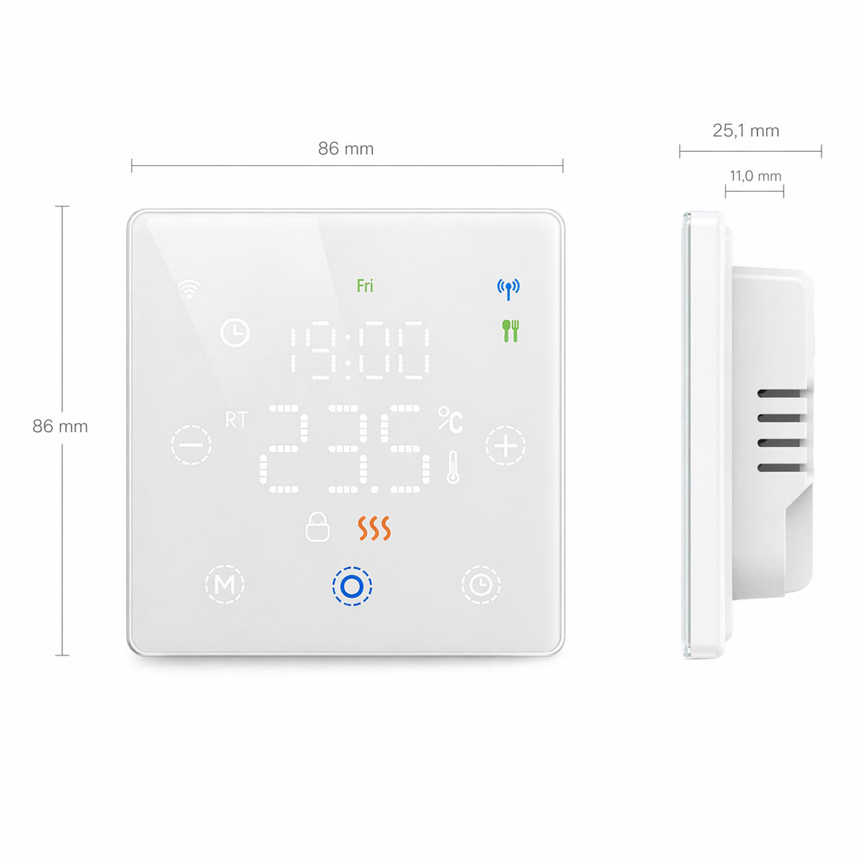 Schema des dimensions du thermostat sans fil Neodom blanc pur avec vue de face et profil lateral.