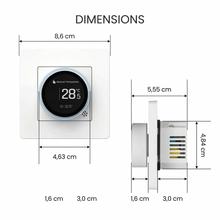 Dimensions du thermostat à molette vues de face et de profil.