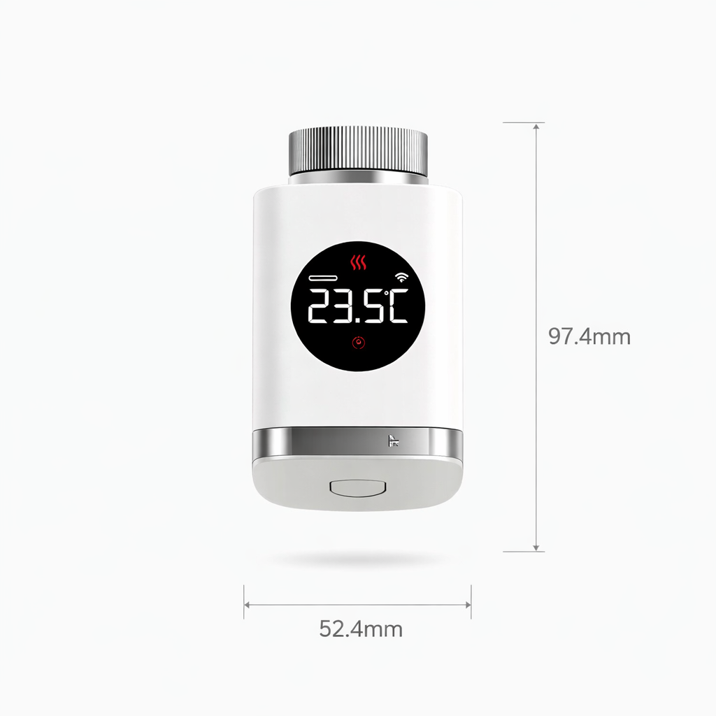 Dimensions de la vanne thermostatique avec écran LED rond.
