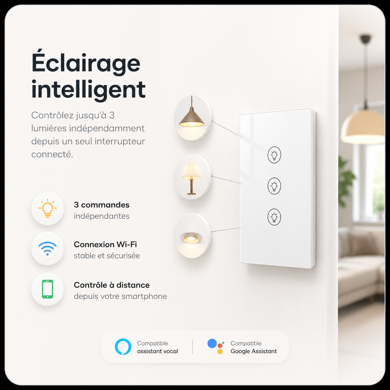 Infographie NéoMulti Dimmer montrant trois commandes d'éclairage, la connexion Wi‑Fi et le pilotage à distance.