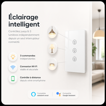 Infographie NéoMulti Dimmer montrant trois commandes d'éclairage, la connexion Wi‑Fi et le pilotage à distance.