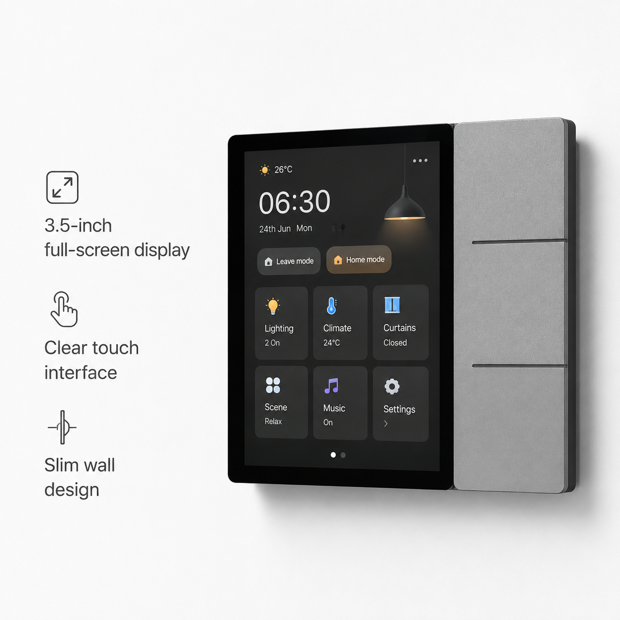 Écran tactile 3,5 pouces avec interface domotique lisible.