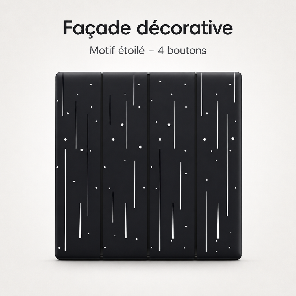 Façade décorative noire NéoDom motif étoilé pour interrupteur quatre boutons.