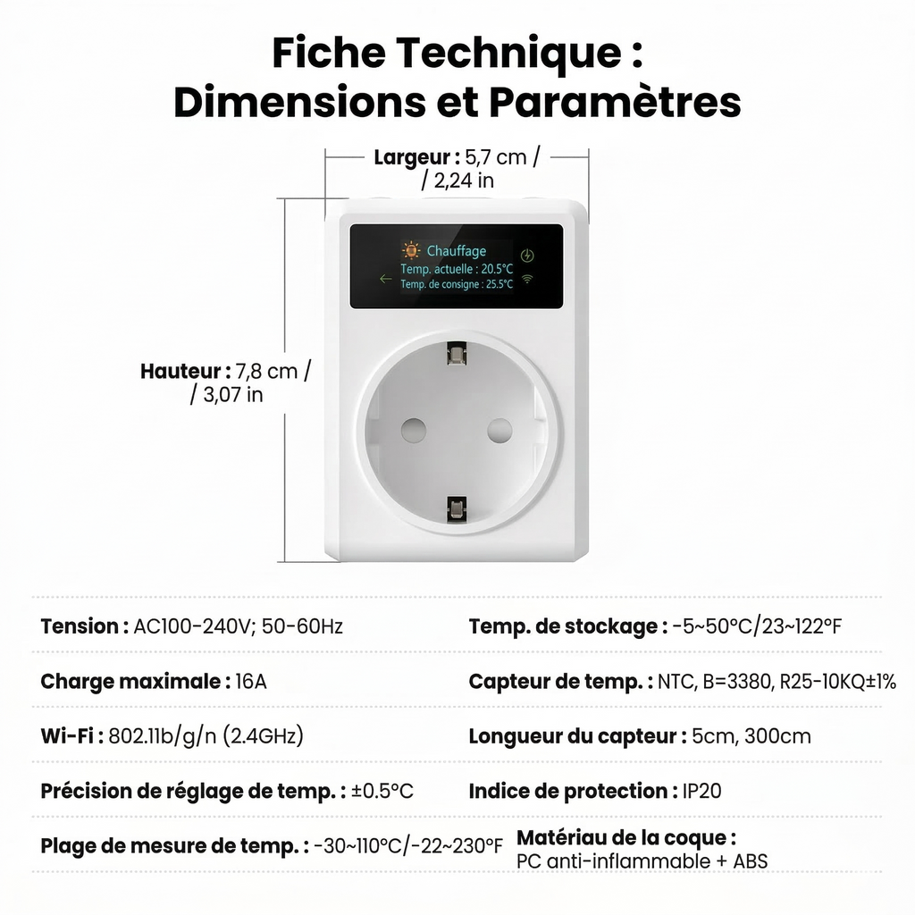 Fiche technique avec dimensions et paramètres de la prise thermostat.