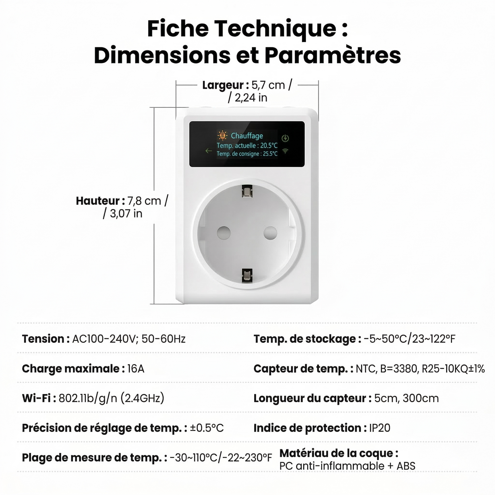 Fiche technique avec dimensions et paramètres de la prise thermostat.