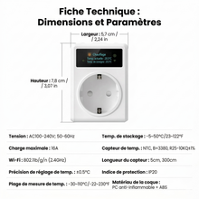 Fiche technique avec dimensions et paramètres de la prise thermostat.