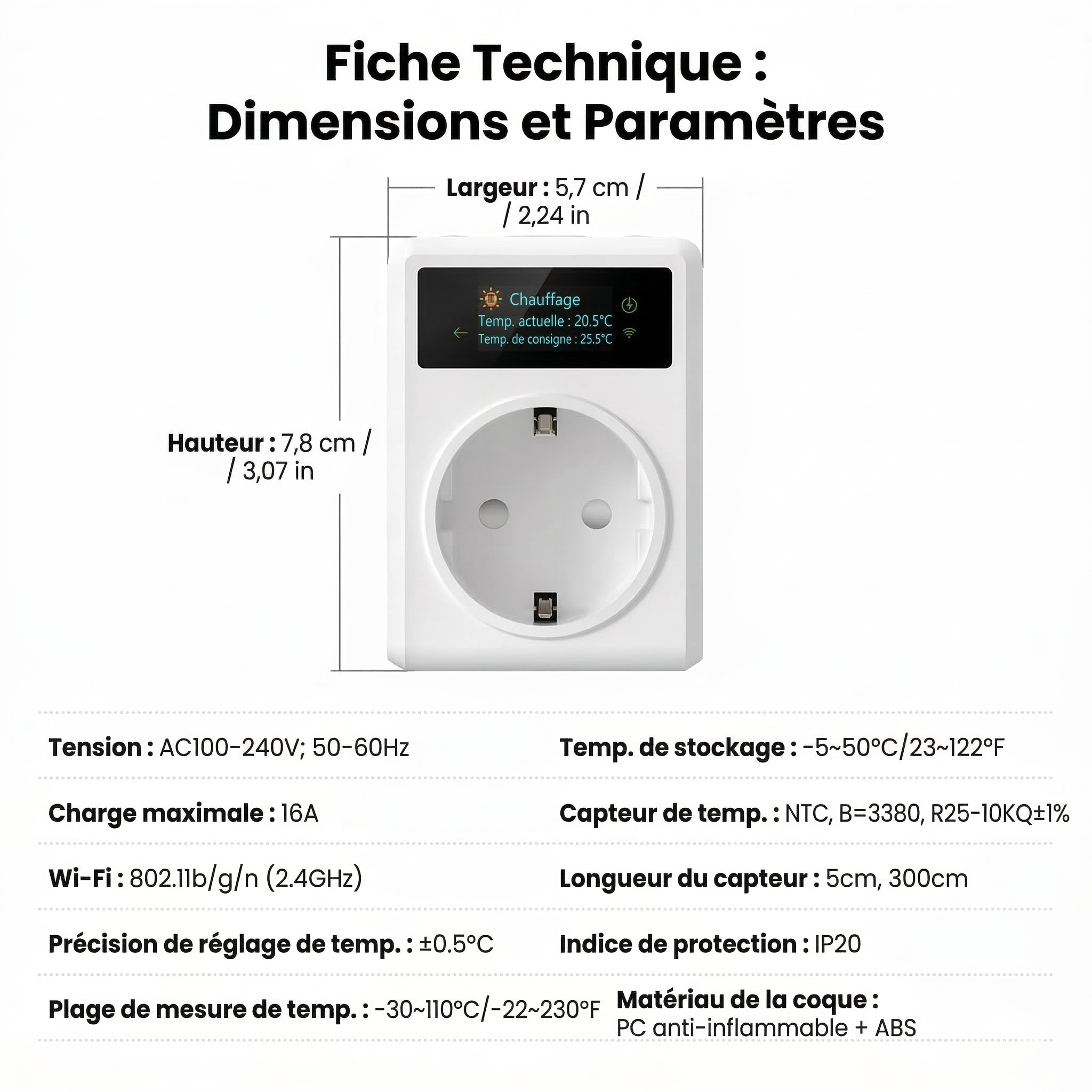 Fiche technique avec dimensions et paramètres de la prise thermostat.