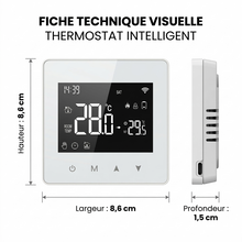 Fiche technique visuelle du thermostat intelligent blanc avec dimensions.