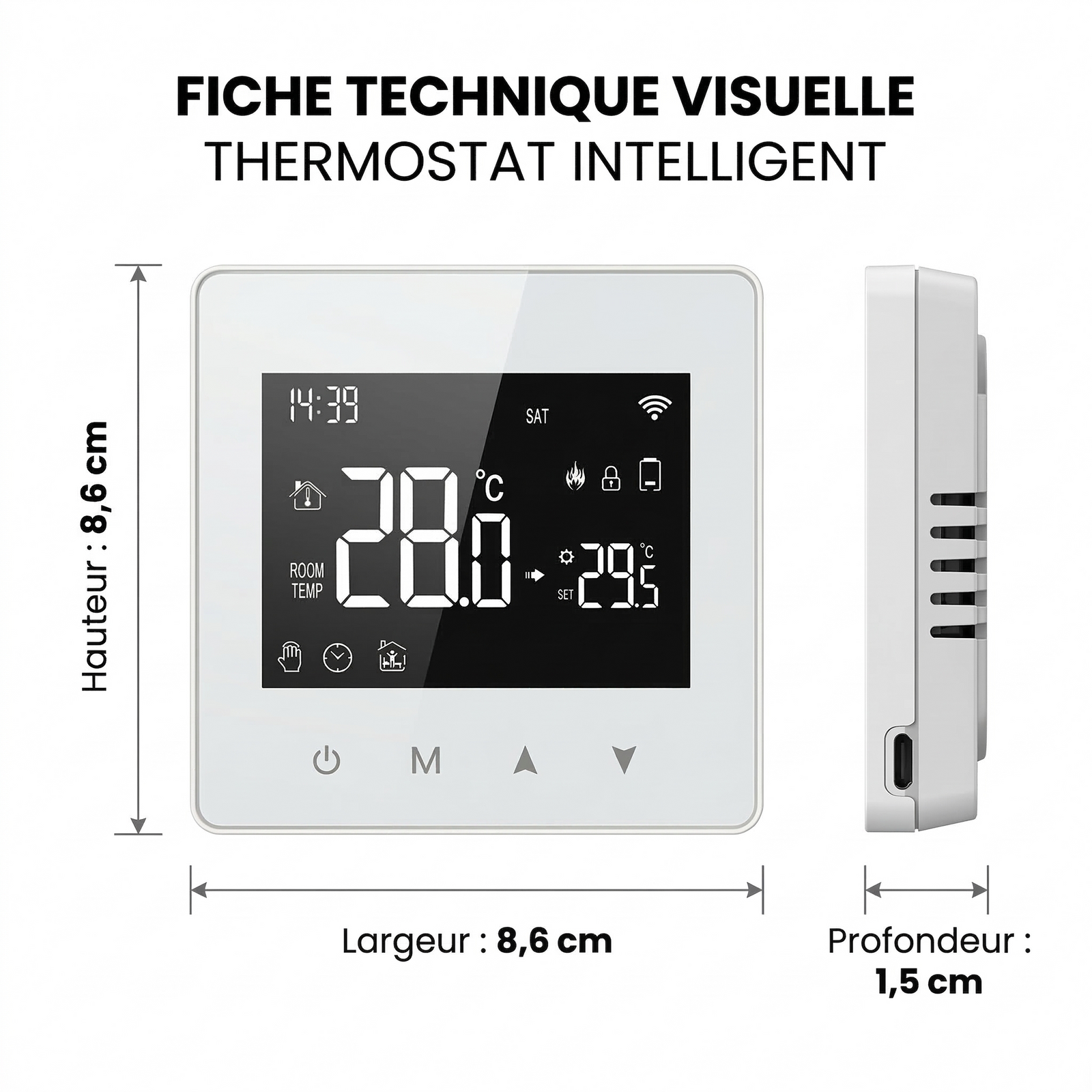 Fiche technique visuelle du thermostat mural intelligent avec largeur et profondeur.