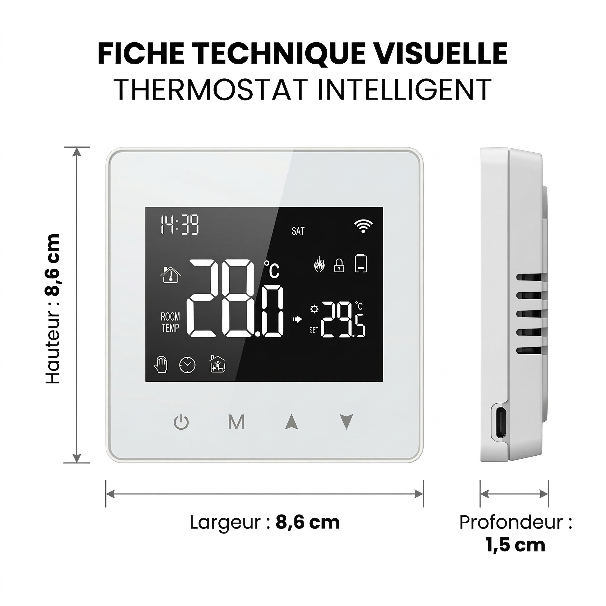 Fiche technique visuelle du thermostat mural intelligent avec largeur et profondeur.